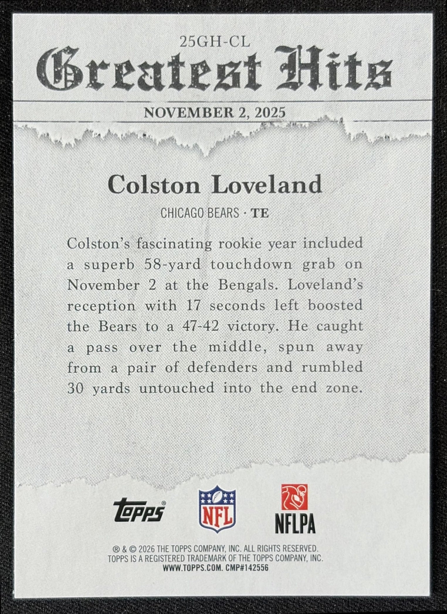 Colston Loveland 2026 Topps 2025 Greatest Hits Bears back