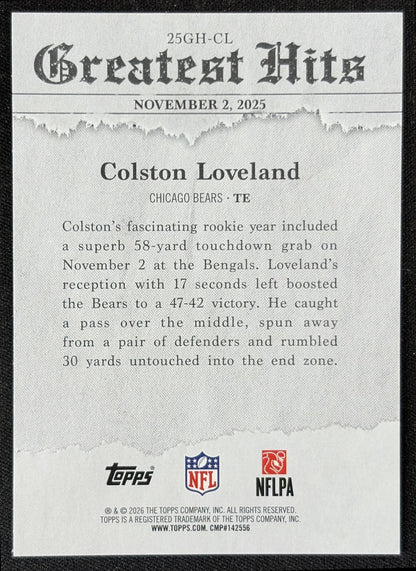 Colston Loveland 2026 Topps 2025 Greatest Hits Bears back