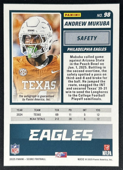Andrew Mukuba 2025 Panini Score Rookies Signatures Green Eagles back
