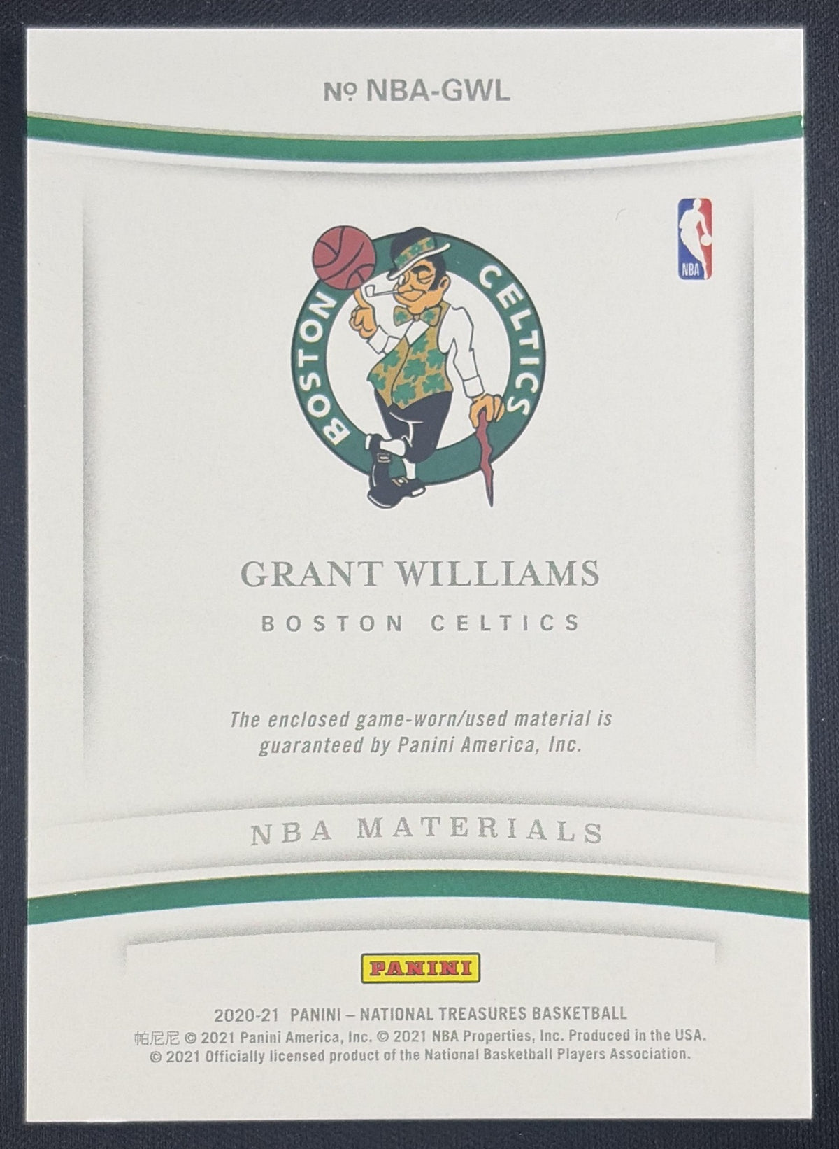 Grant Williams 2020 Panini National Treasures NBA Materials /99 Celtics Boston Celtics Sports Trading Card