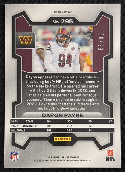 Daron Payne 2023 Panini Prizm Blue Sparkle /96 Commanders