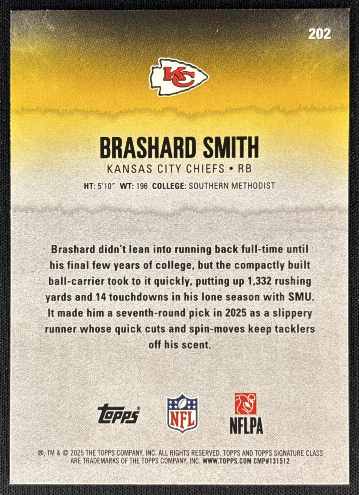 Brashard Smith 2025 Topps Signature Class Rookie Blue & Yellow Foil Chiefs back