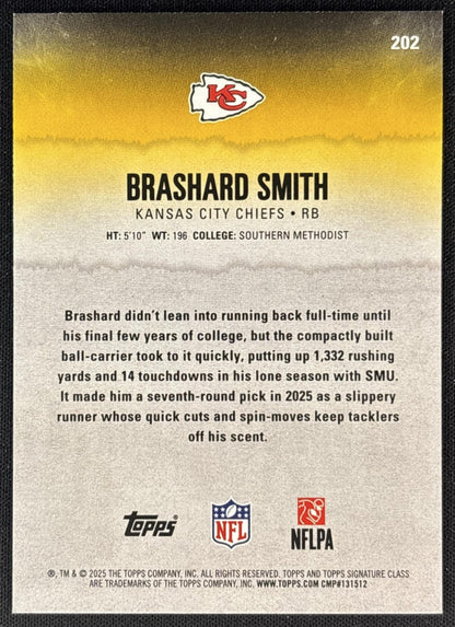 Brashard Smith 2025 Topps Signature Class Rookie Blue & Yellow Foil Chiefs back