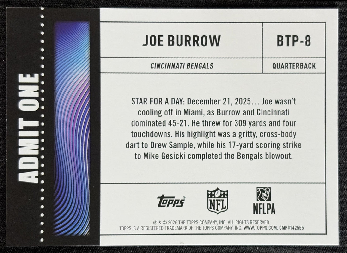 Joe Burrow 2026 Topps Big Ticket Players Bengals back