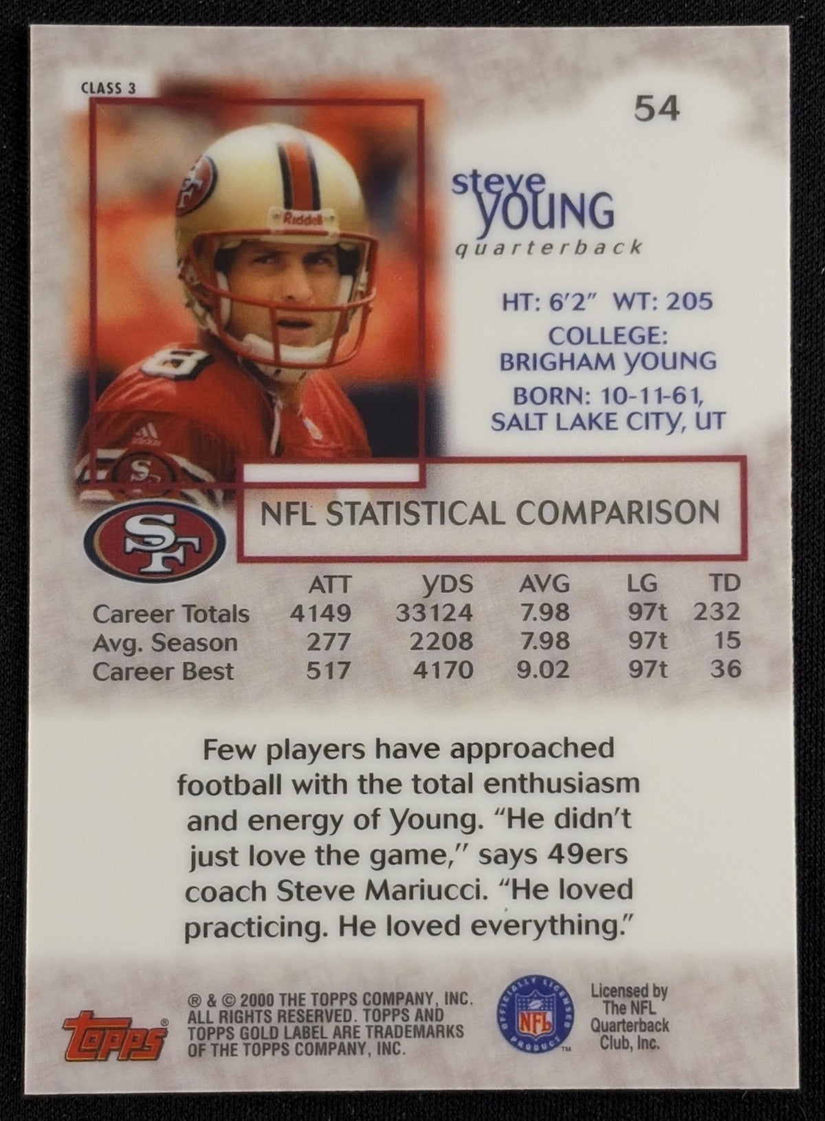 Steve Young 2000 Topps Gold Label Class 3 49ers - Back