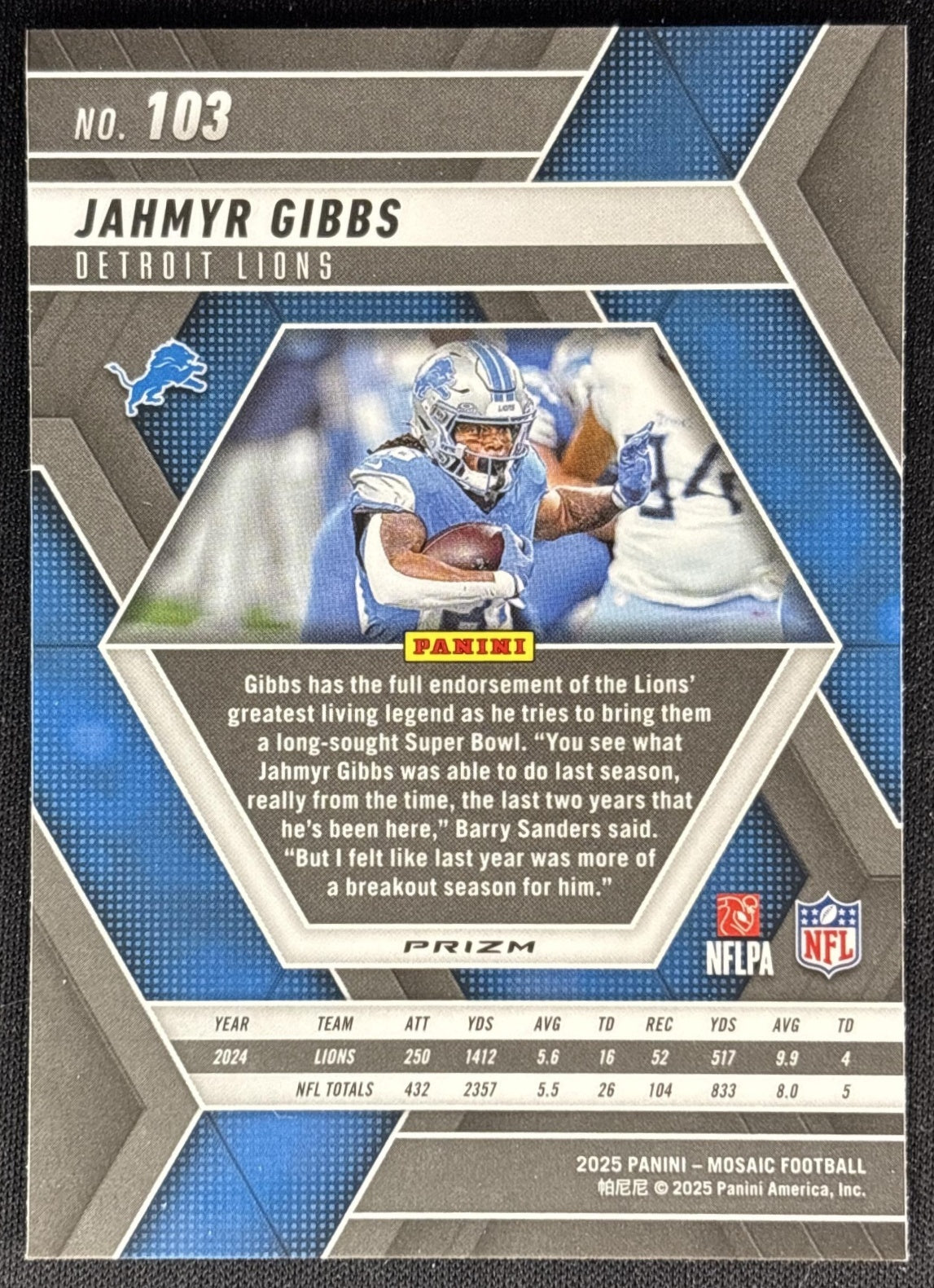 Jahmyr Gibbs 2025 Panini Mosaic Prizm Lions Sports Trading Cards