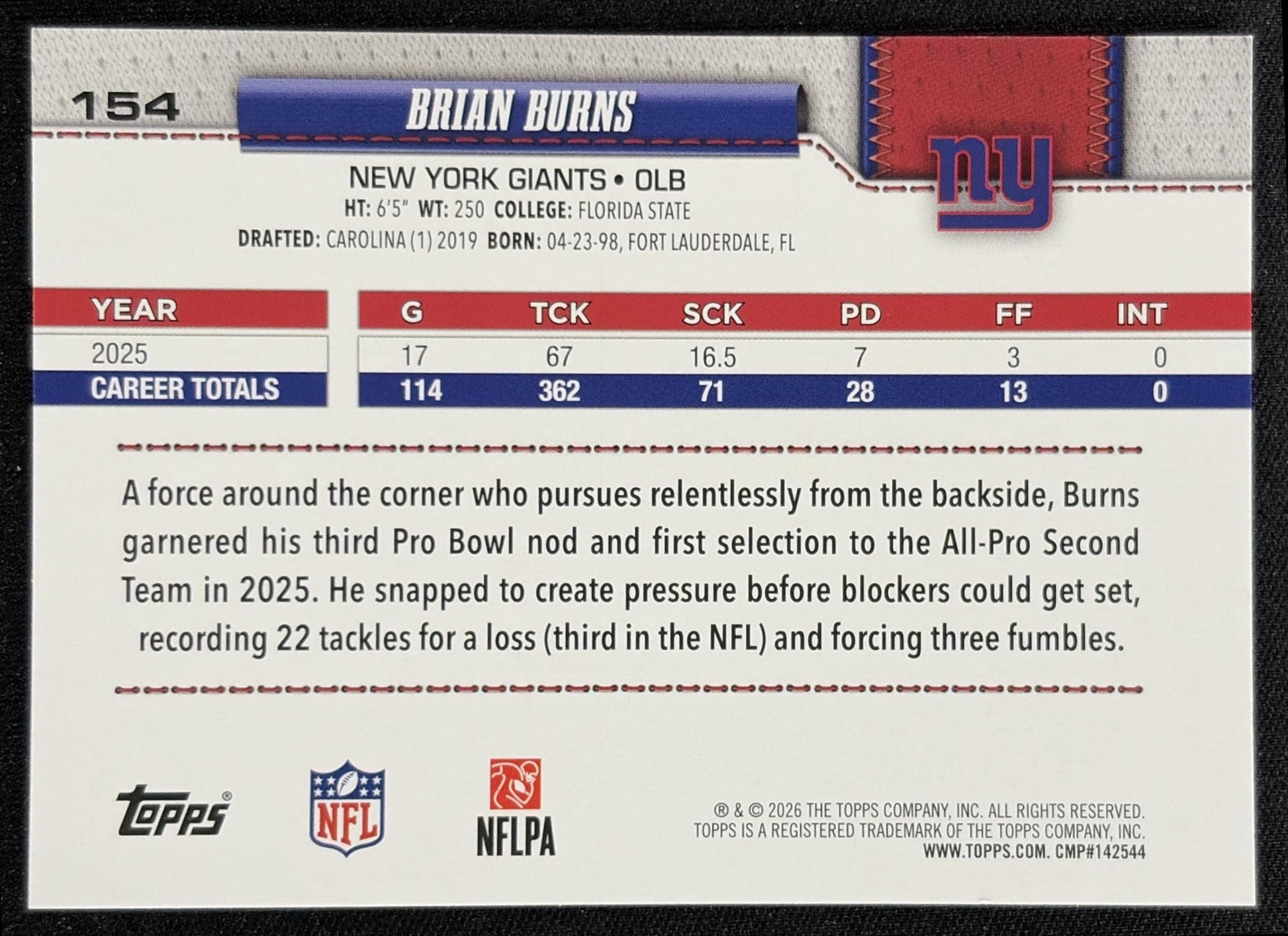 Brian Burns 2026 Topps Team Color Border Variation Giants - back
