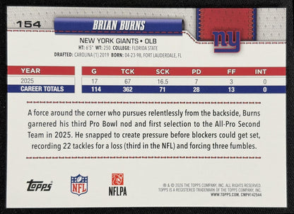 Brian Burns 2026 Topps Team Color Border Variation Giants - back