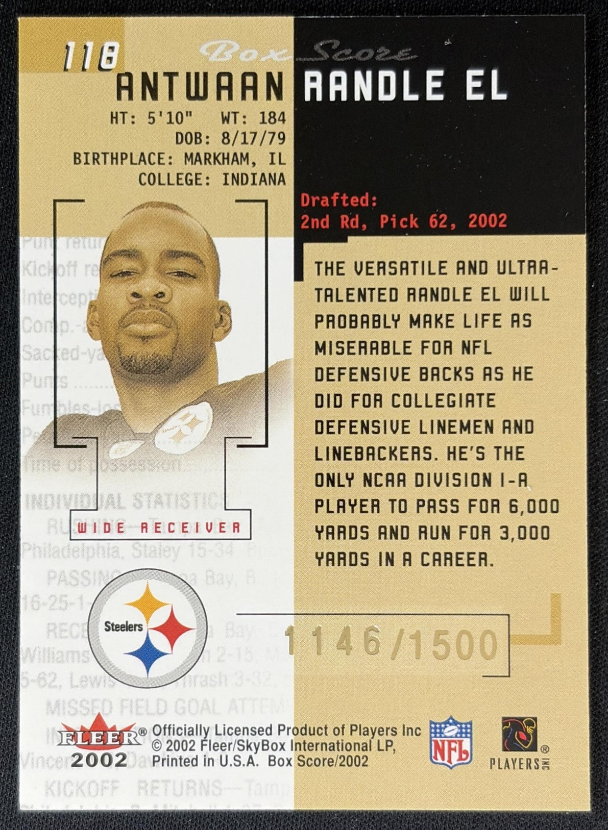 Antwaan Randle El 2002 Fleer Box Score First Edition /1500 Steelers back
