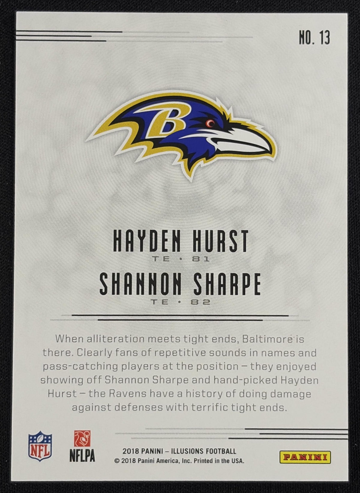 Hayden Hurst Shannon Sharpe 2018 Panini Illusions Blue /249 Ravens