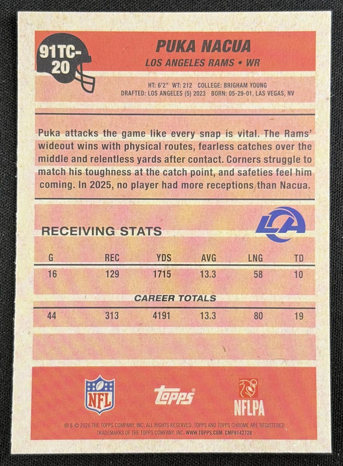 Puka Nacua 2026 Topps 1991 Chrome Mojo Refractor Rams back
