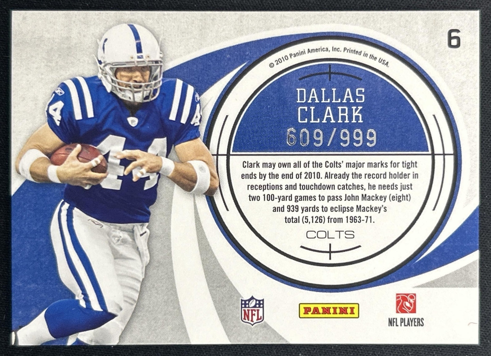 Dallas Clark 2010 Panini Donruss Elite Prime Targets Gold /999 Colts