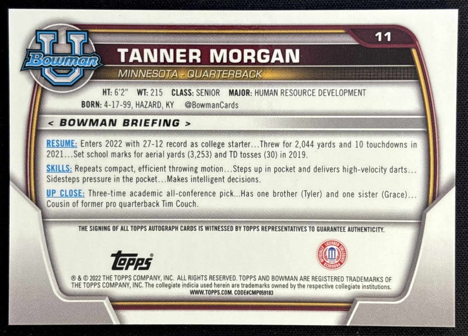 Tanner Morgan 2022 Bowman University Chrome Prospect Auto back