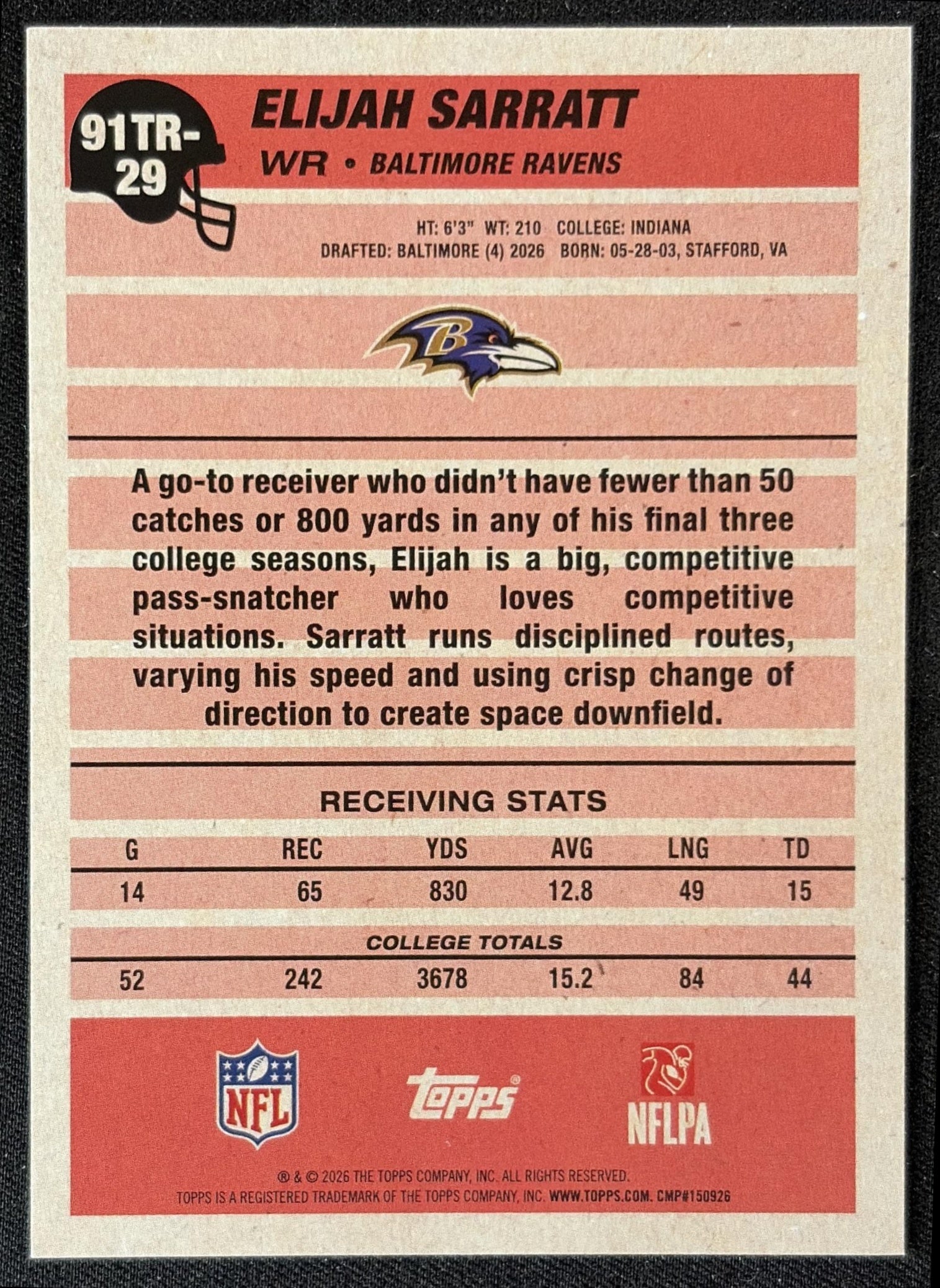 Elijah Sarratt 2026 Topps 1991 Rookie Ravens back