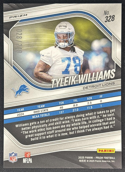 Tyleik Williams 2025 Panini Prizm Orange /249 Lions back