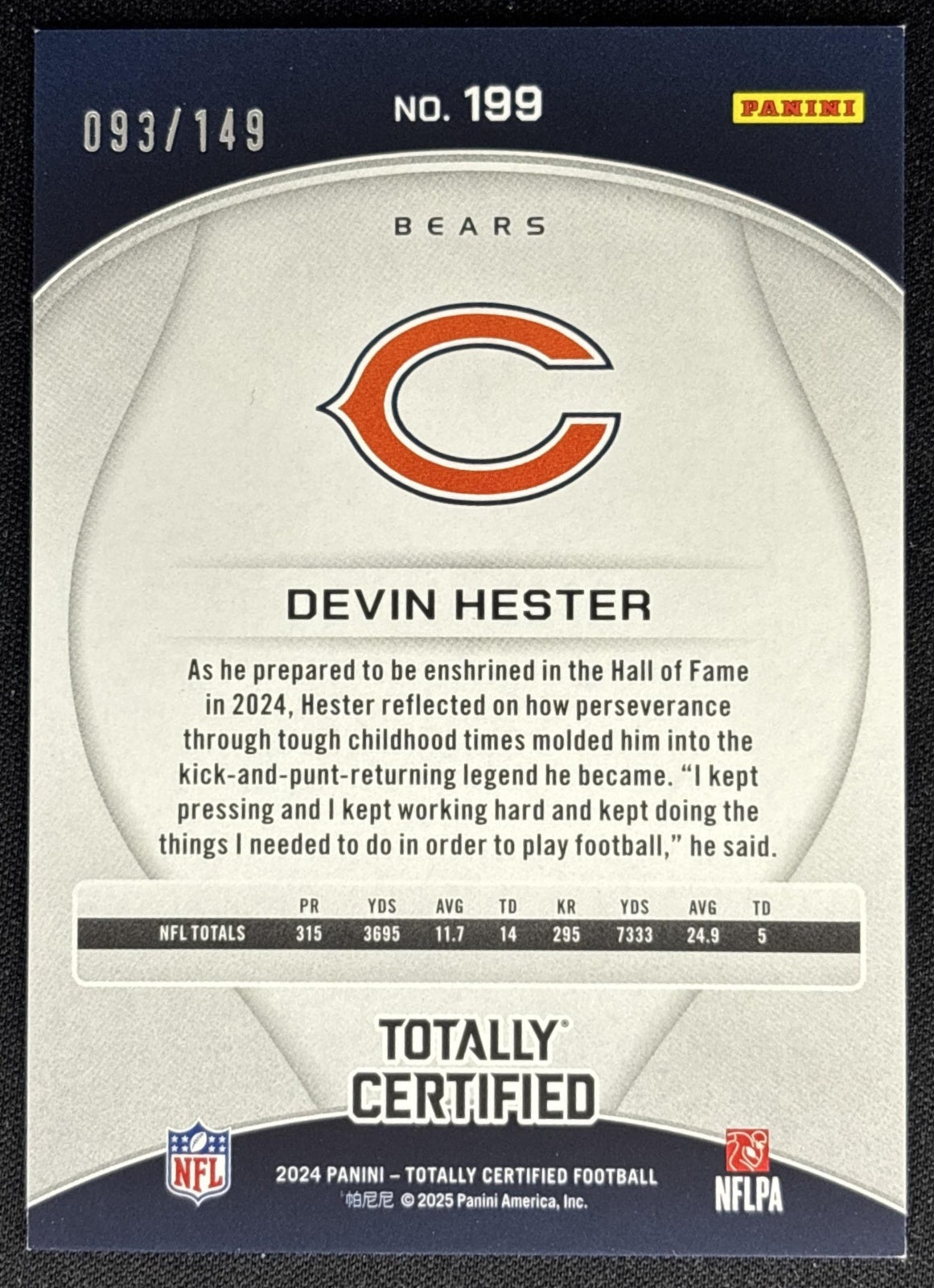 Devin Hester 2024 Totally Certified Legends Mirror Platinum Blue /149 Bears