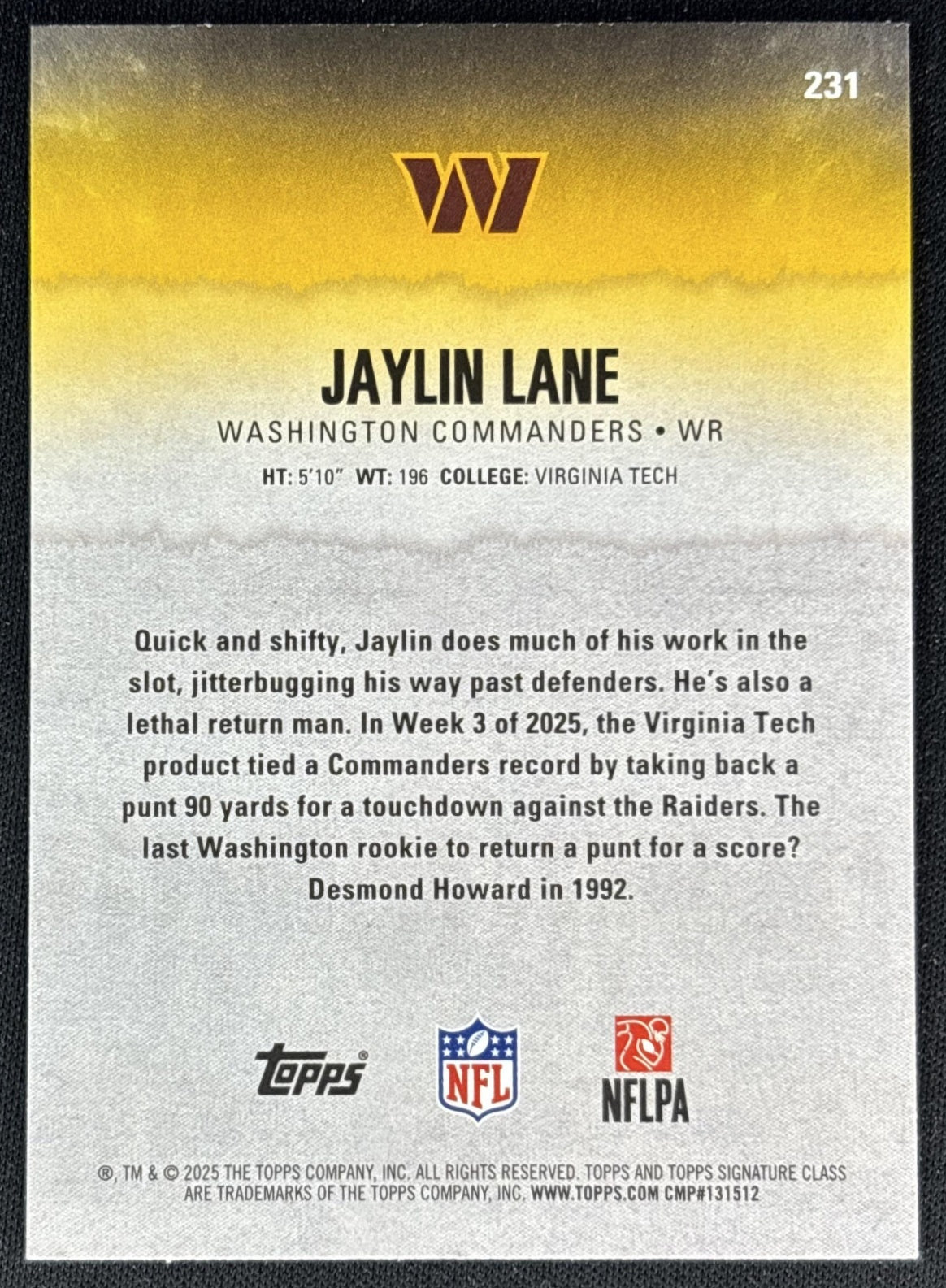 Jaylin Lane 2025 Topps Signature Class Rookie Magenta Foil /250 Commanders back