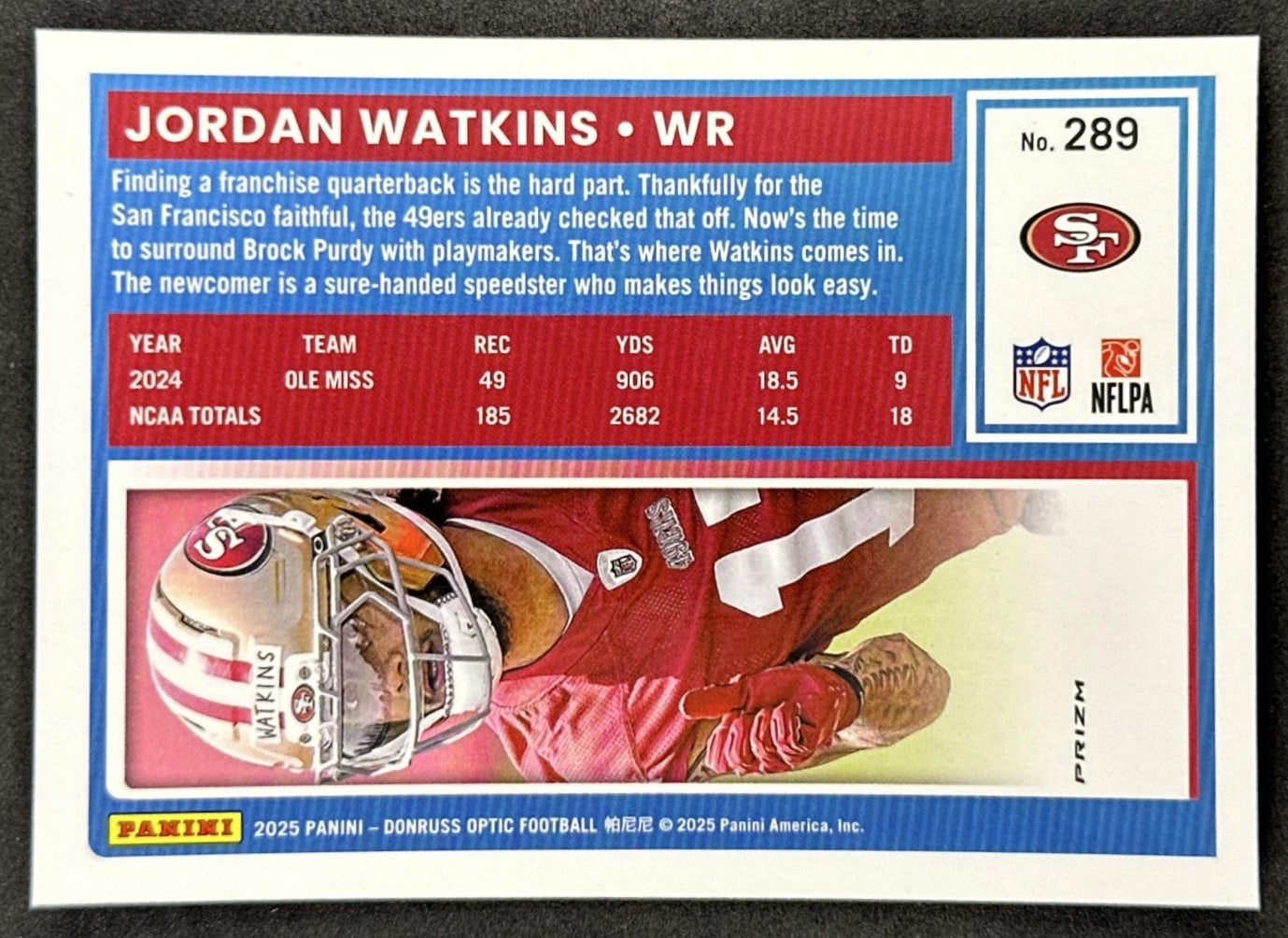 Jordan Watkins 2025 Panini Donruss Optic Rated Rookie Stars Prizm 49ers Sports Trading Card