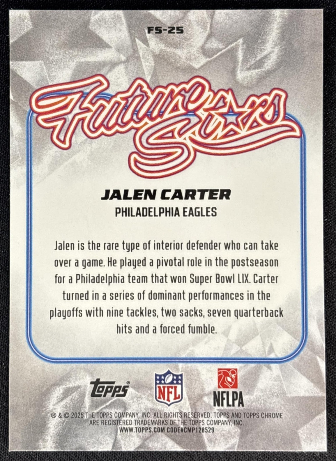 Jalen Carter 2025 Topps Chrome Future Stars Yellow Refractor /275 Eagles back