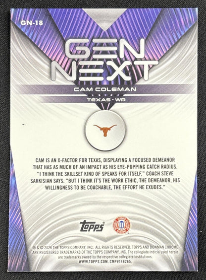 Cam Coleman 2026 Bowman Gen Next Longhorns back