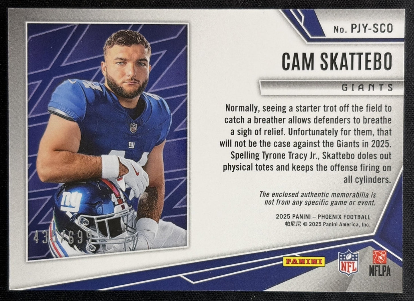 Cam Skattebo 2025 Panini Phoenix Rookie Phenom Jersey /699 Giants back
