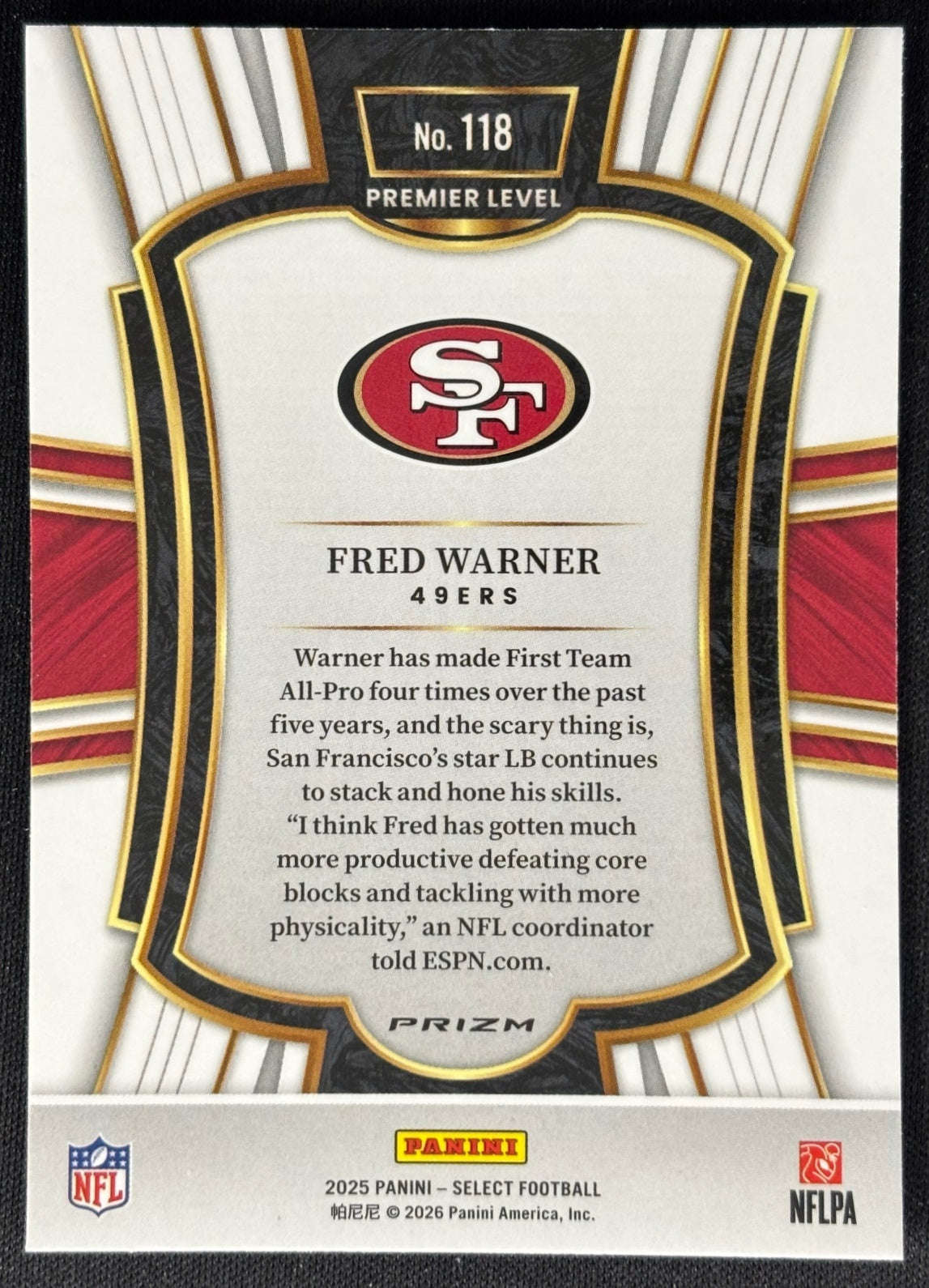 Fred Warner 2025 Select Premier Level Silver Prizm 49ers Sports Trading Card