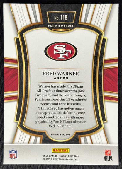 Fred Warner 2025 Select Premier Level Silver Prizm 49ers Sports Trading Card