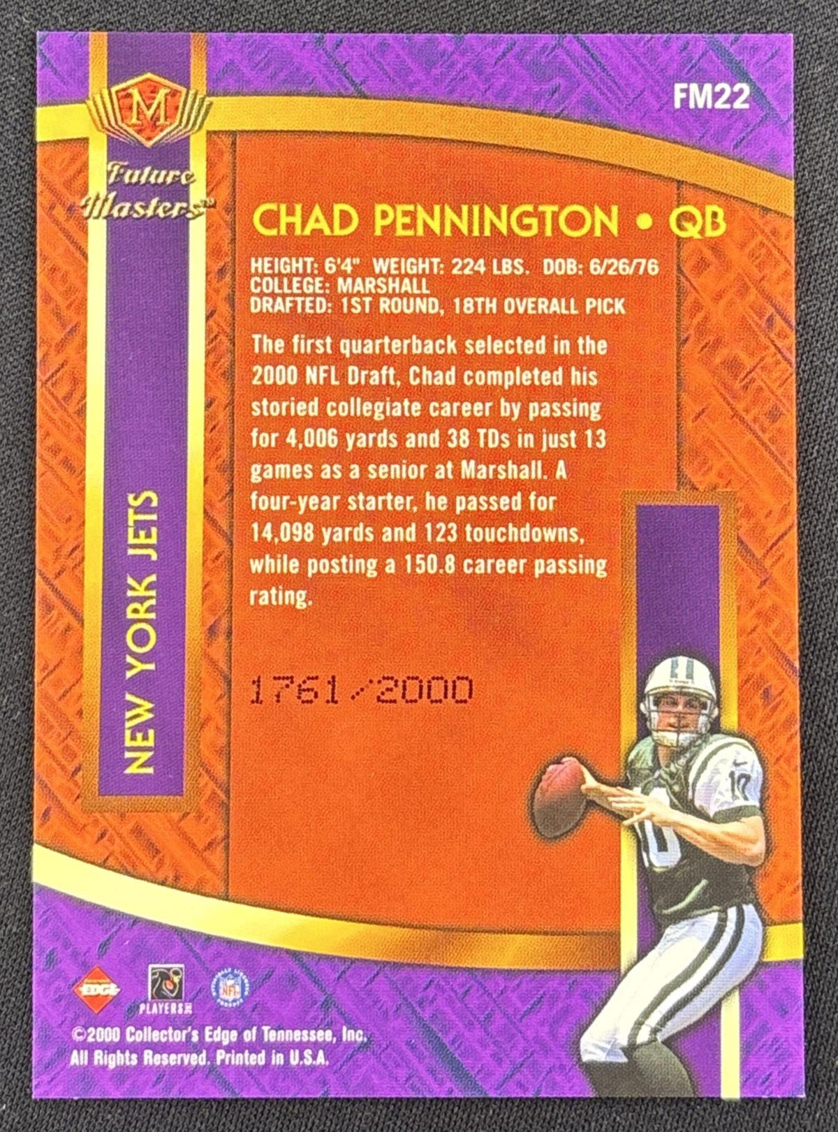 Chad Pennington 2000 Collector's Edge Masters Future Gold /2000 Jets