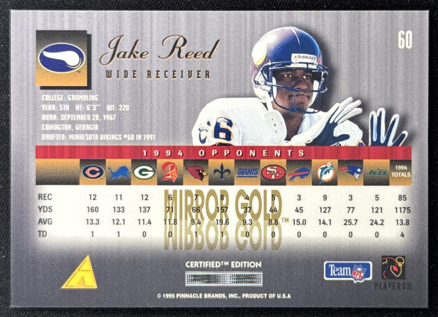 Jake Reed 1995 Pinnacle Select Certified Mirror Gold Vikings Sports Trading Card