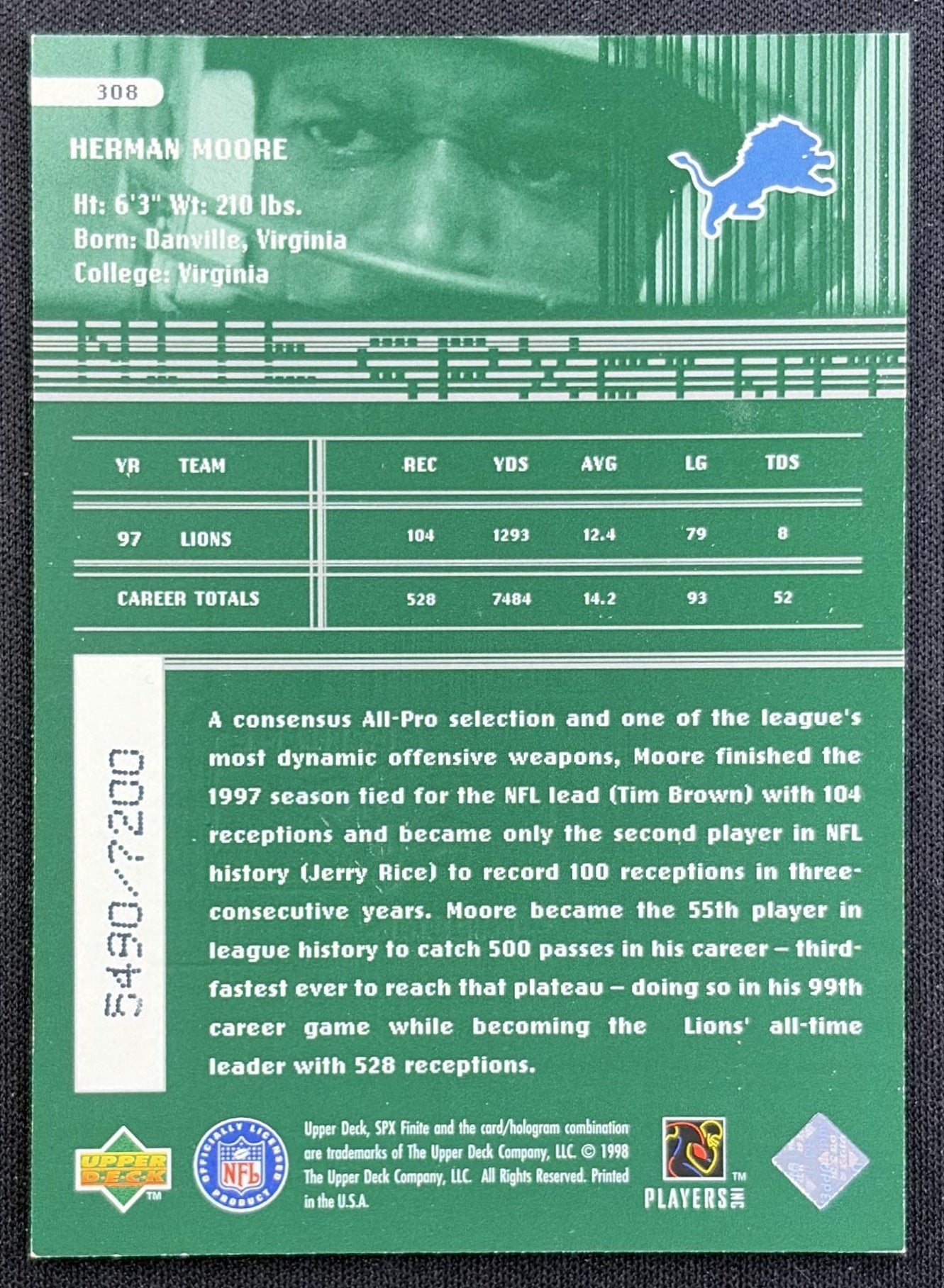 Herman Moore 1998 SPx Finite /7200 Lions