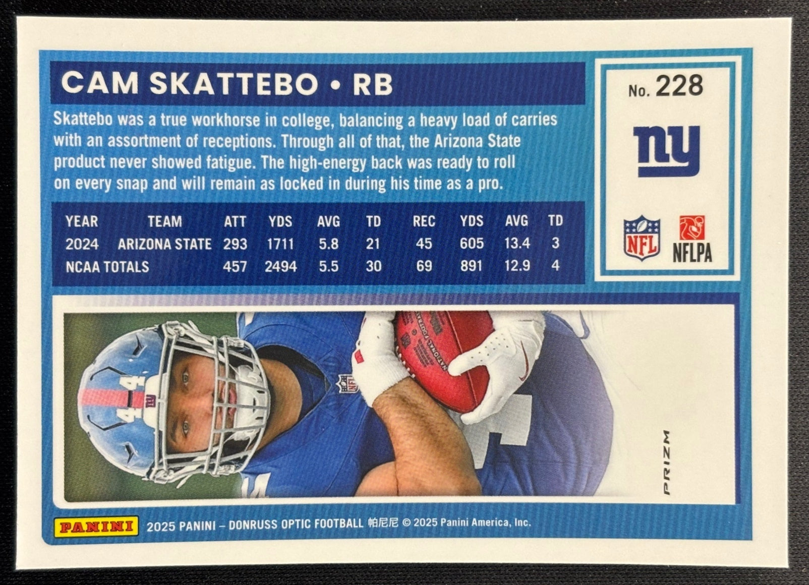 Cam Skattebo 2025 Donruss Optic Rated Rookie Purple Shock Prizm Giants Sports Trading Card