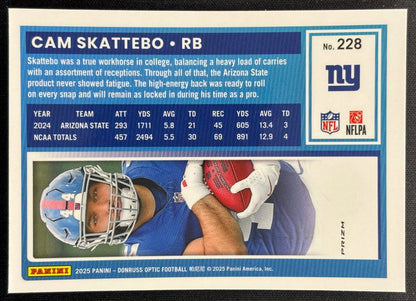 Cam Skattebo 2025 Donruss Optic Rated Rookie Purple Shock Prizm Giants Sports Trading Card