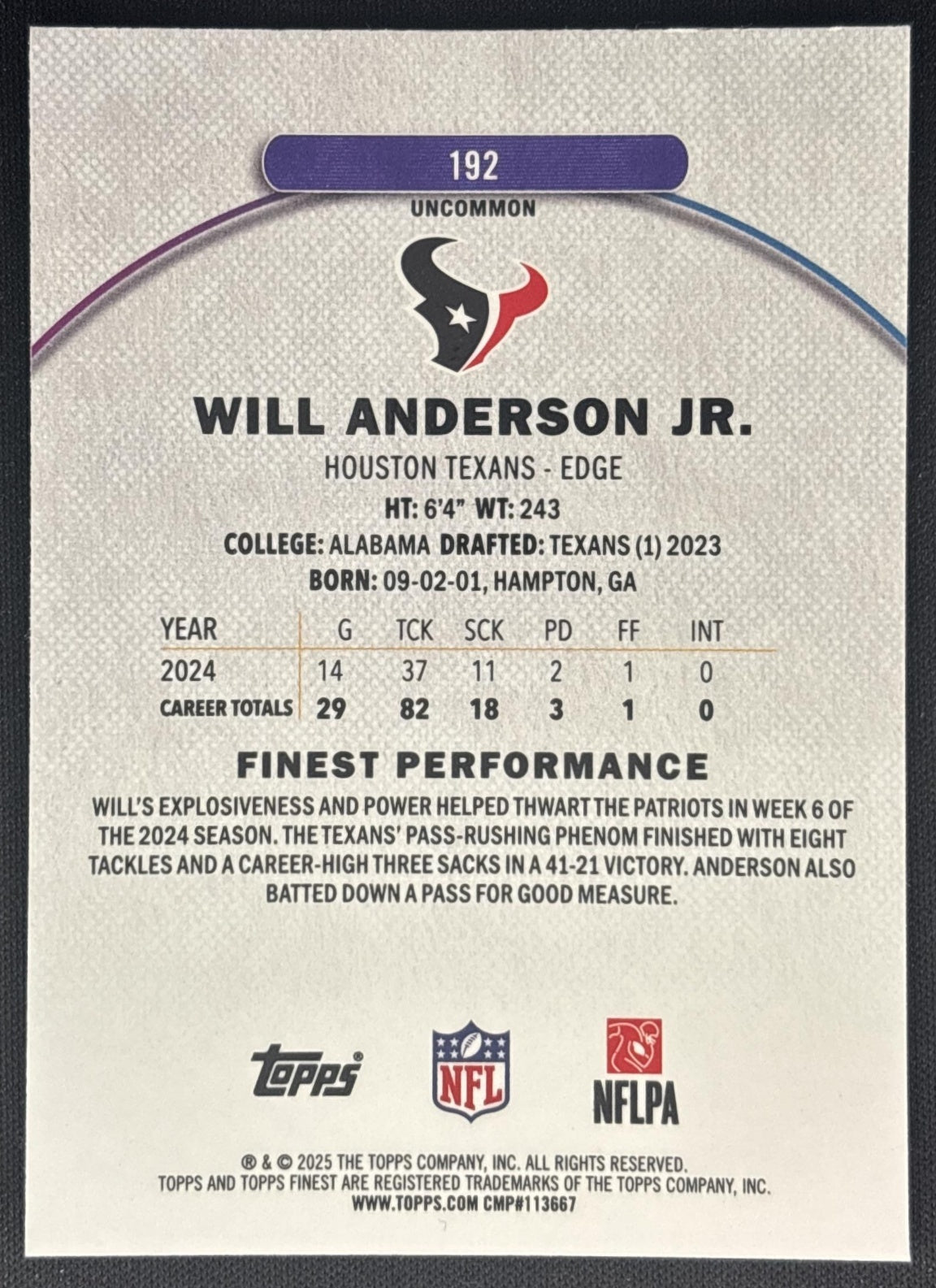 Will Anderson Jr. 2025 Topps Finest Uncommon Purple Refractor /200 Texans back