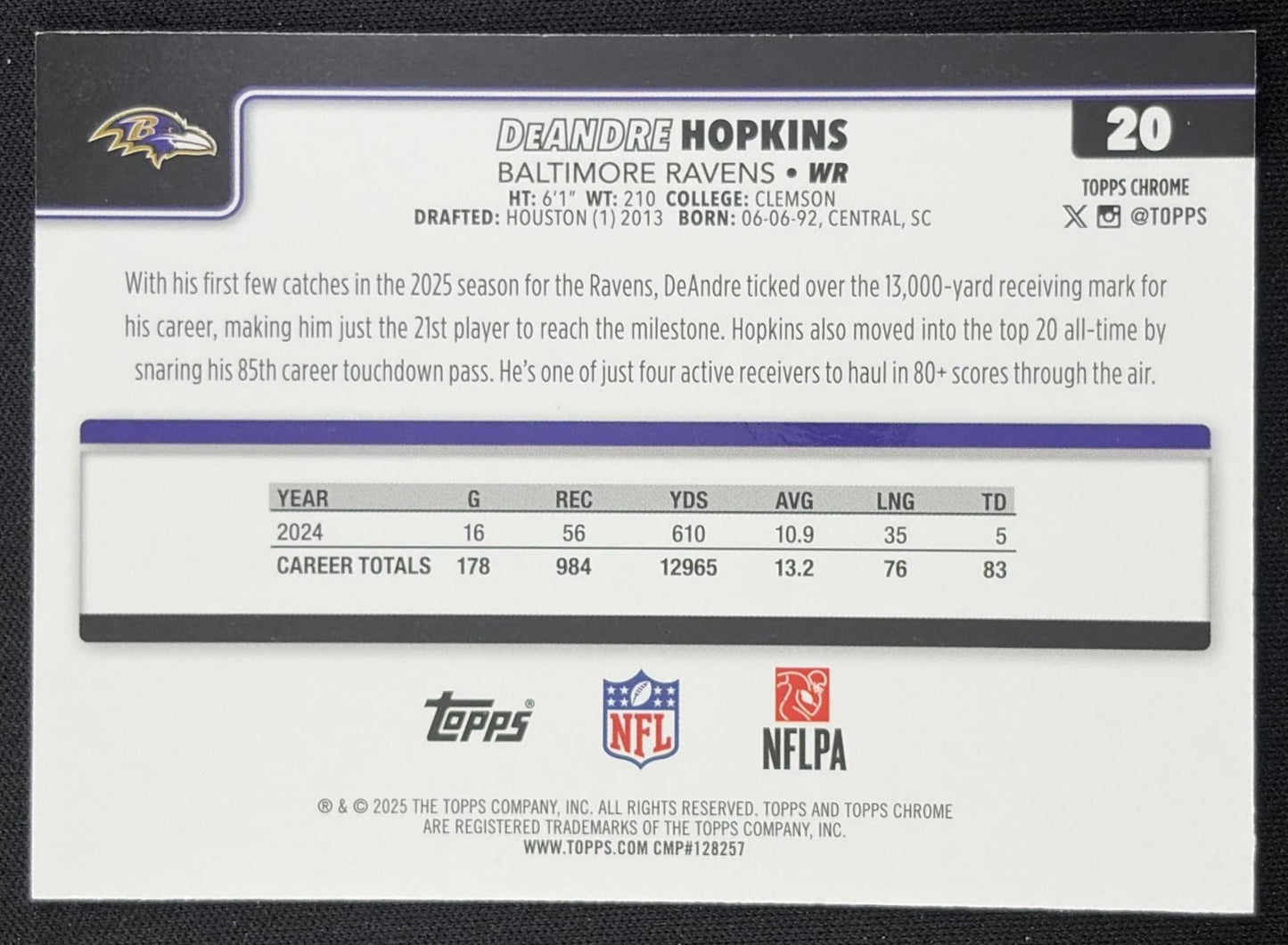 DeAndre Hopkins 2025 Topps Chrome Teal Refractor /299 Ravens Baltimore Ravens
