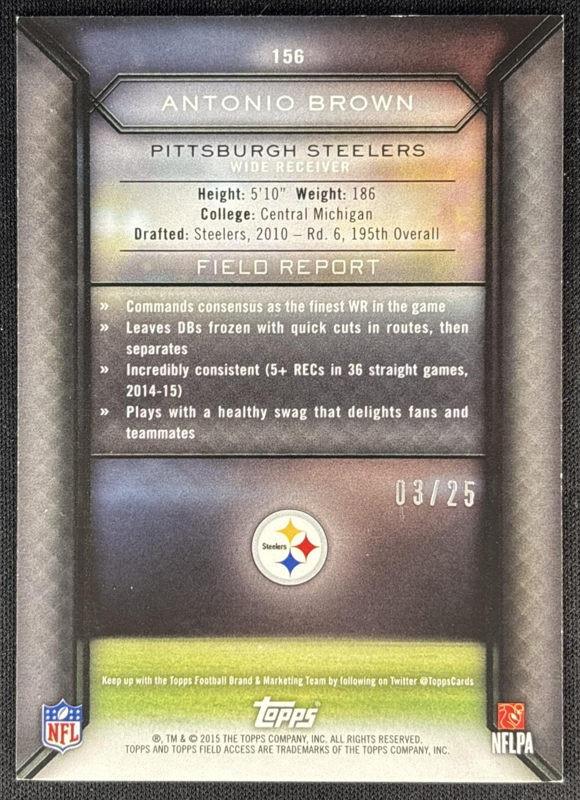 Antonio Brown 2015 Topps Field Access Purple /25 Steelers back