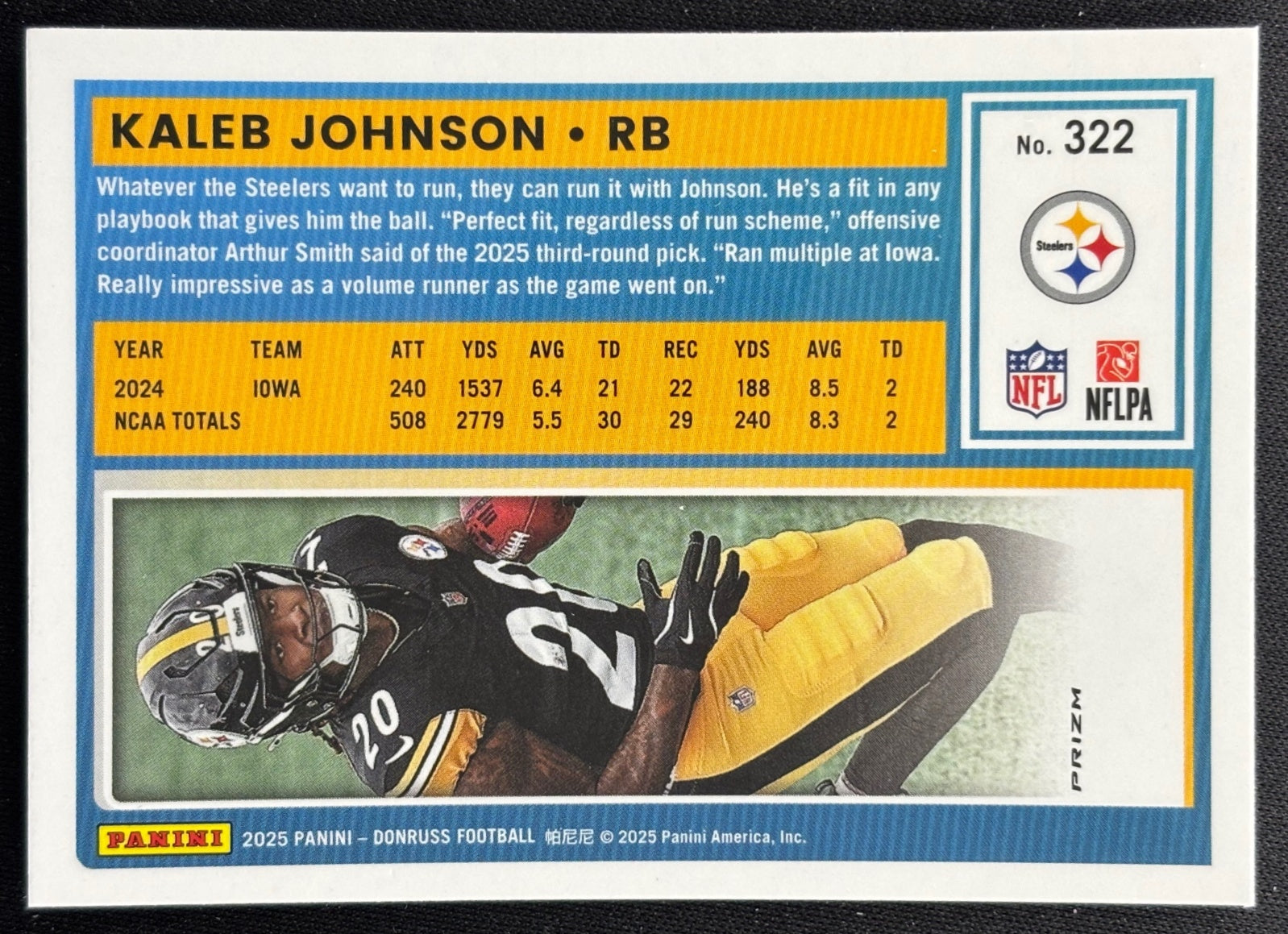Kaleb Johnson 2025 Donruss Optic Rated Rookie Preview Pink Steelers back sports trading card