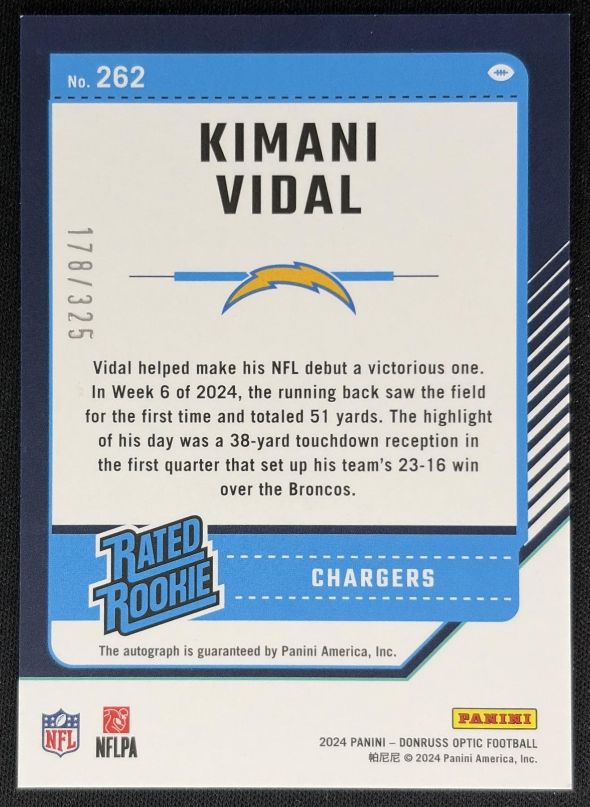 Kimani Vidal 2024 Panini Donruss Optic Rated Rookie Auto /325 Chargers Sports Trading Cards