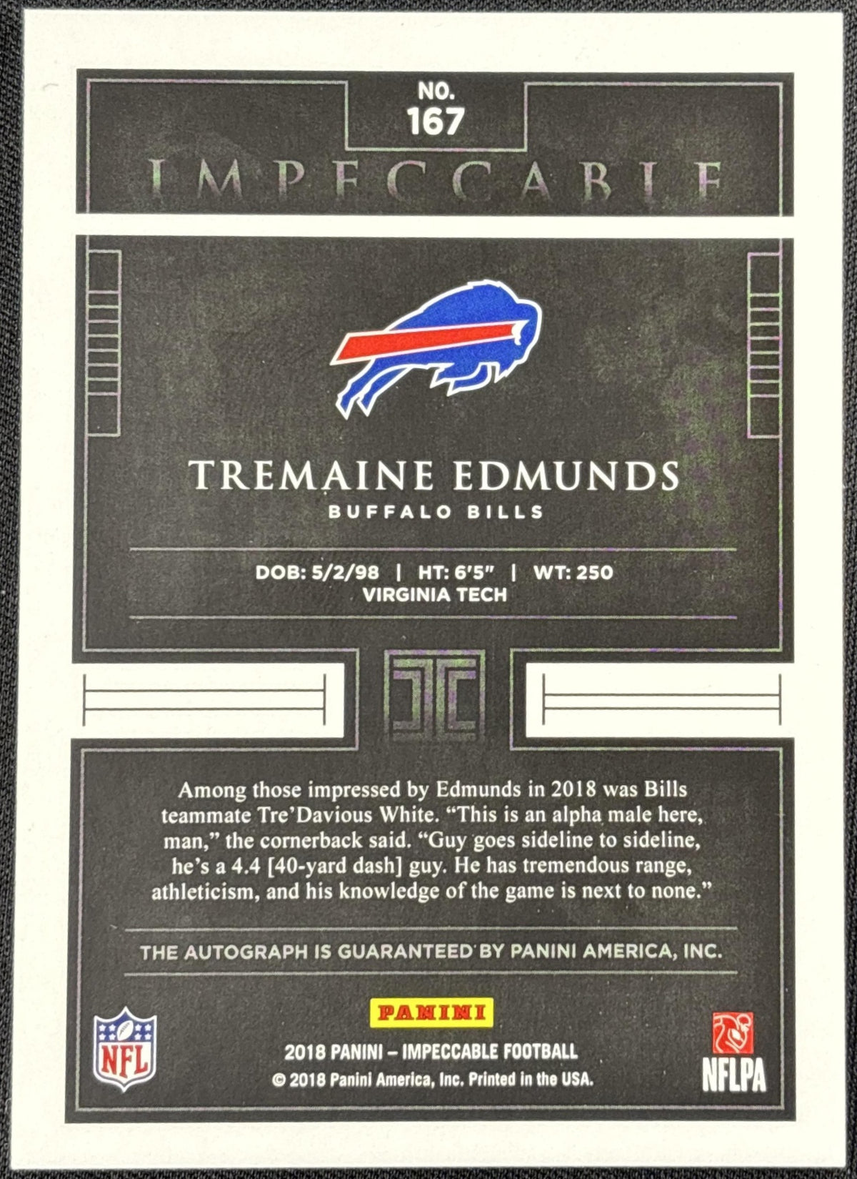 Tremaine Edmunds 2018 Panini Impeccable Silver /25 Bills Sports Trading Card