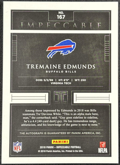Tremaine Edmunds 2018 Panini Impeccable Silver /25 Bills Sports Trading Card
