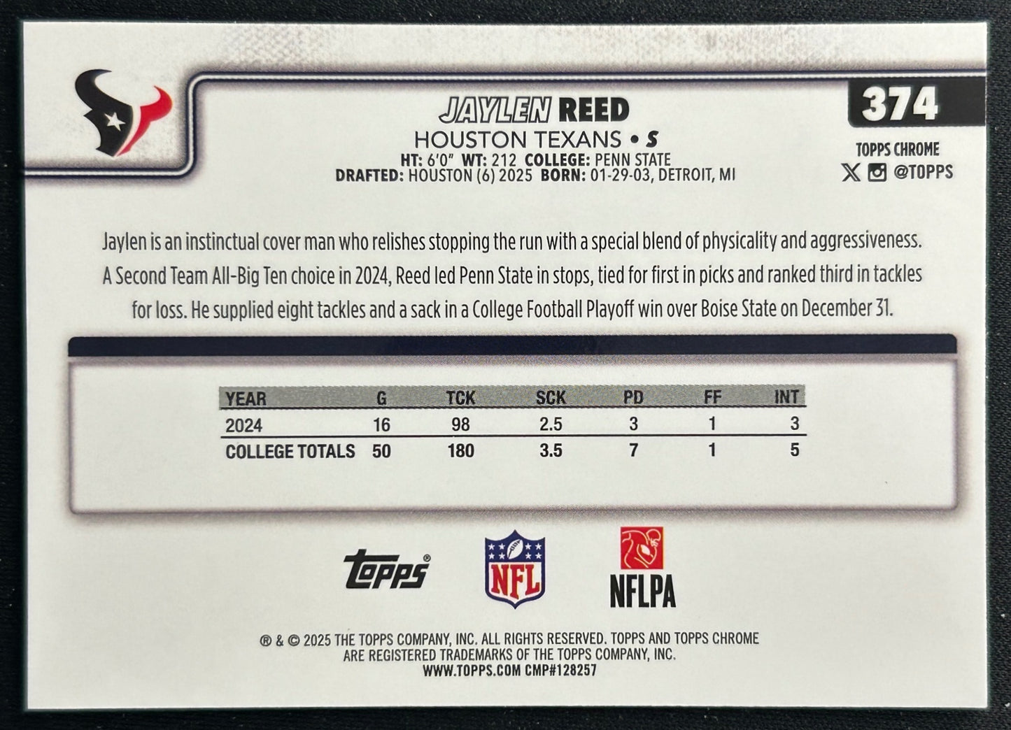 Jaylen Reed 2025 Topps Chrome Rookie Texans Sports Trading Cards