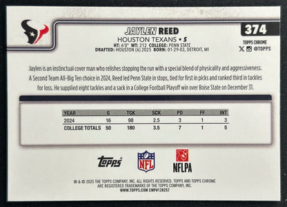 Jaylen Reed 2025 Topps Chrome Rookie Texans Sports Trading Cards