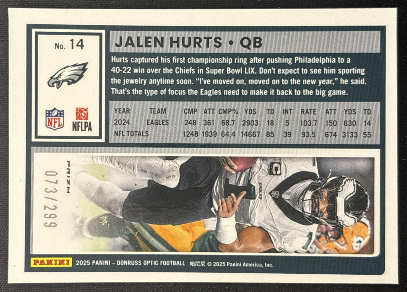 Jalen Hurts 2025 Panini Donruss Optic Orange Prizm /299 Eagles back