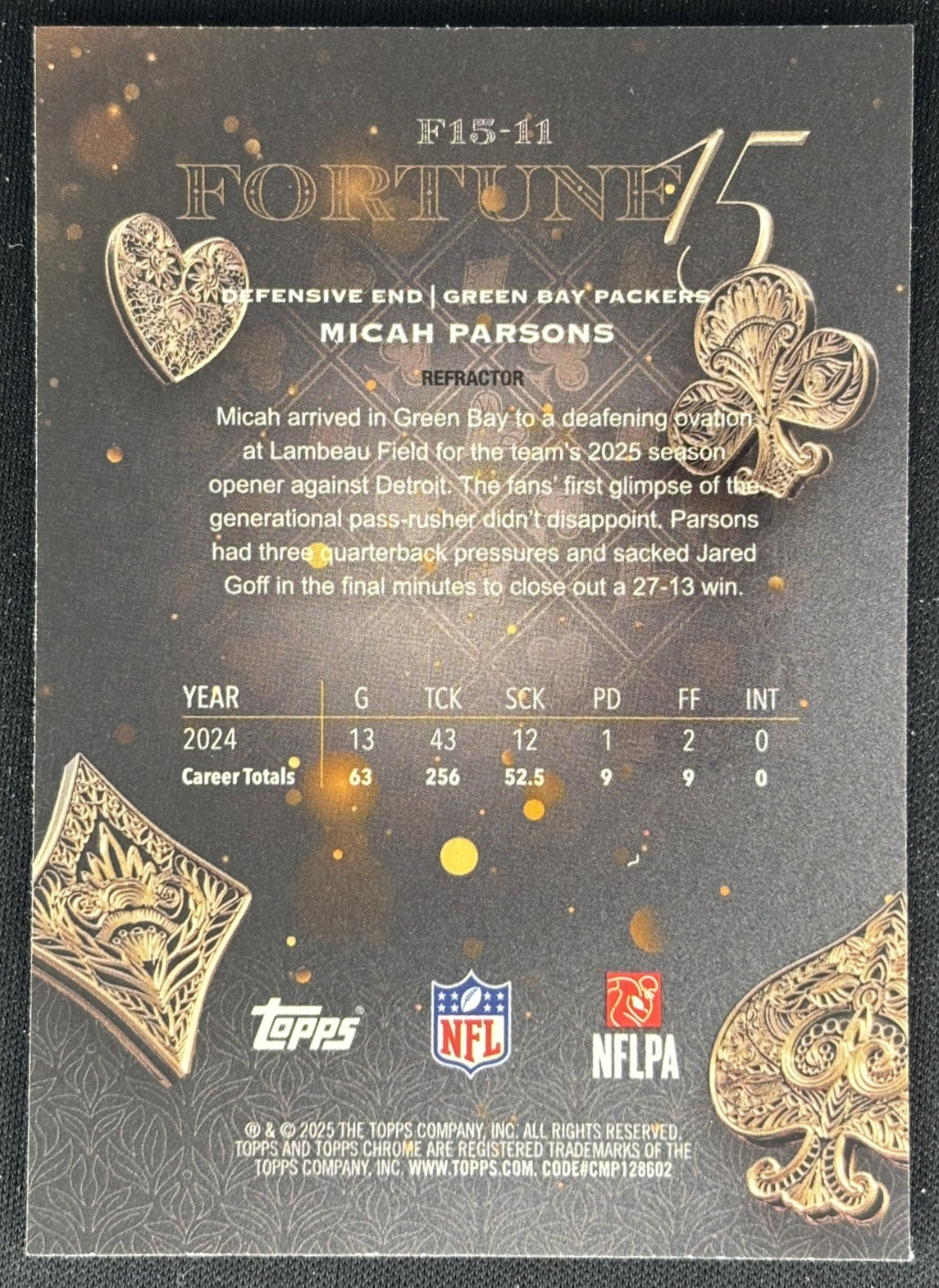 Micah Parsons 2025 Topps Chrome Fortune 15 Refractor Packers Sports Trading Cards