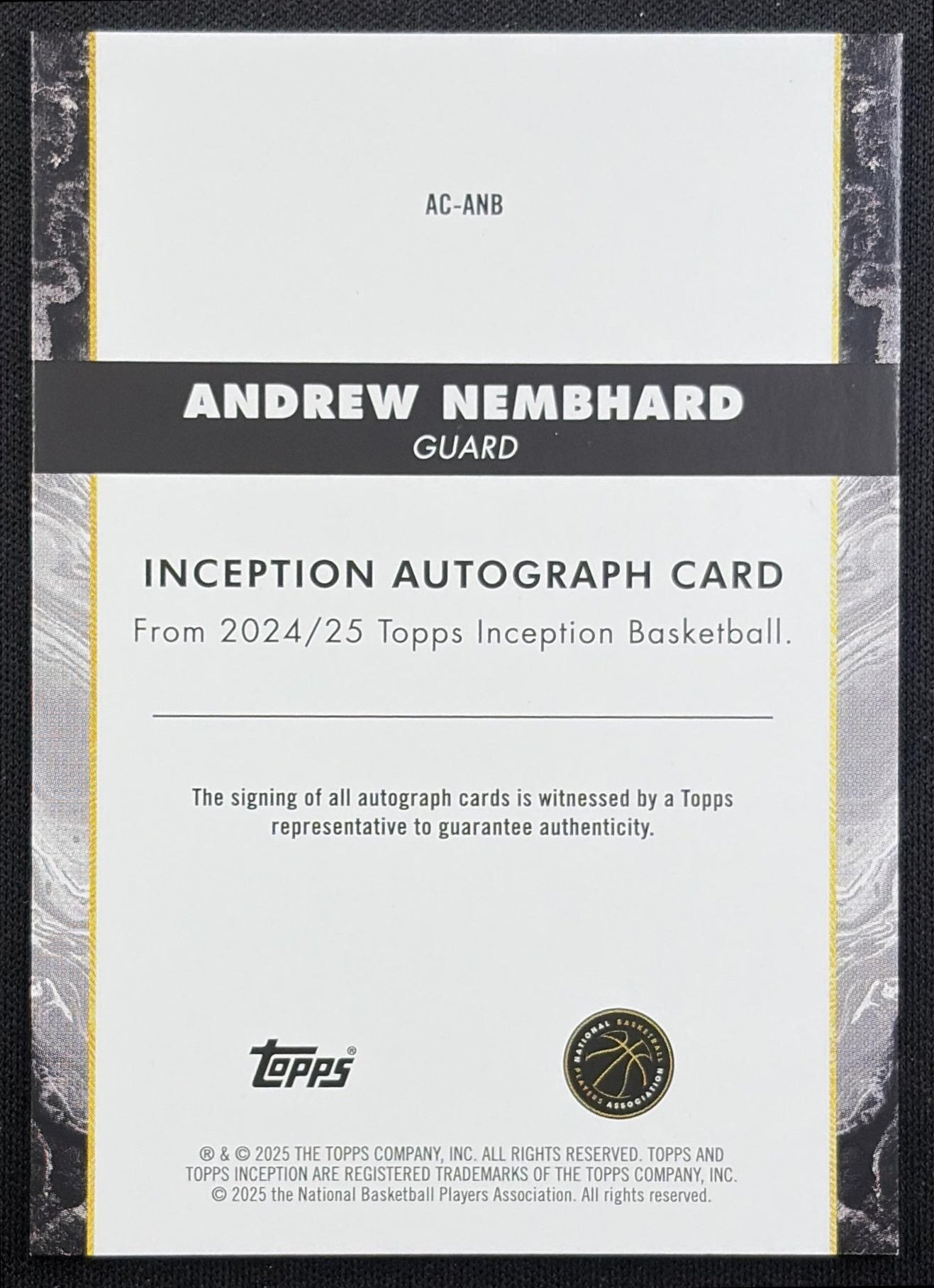 Andrew Nembhard 2024 Topps Inception Auto Pacers Indiana Pacers back