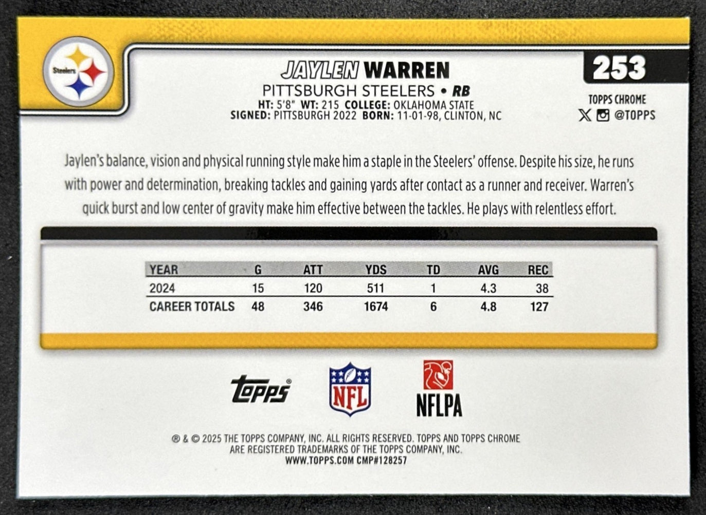 Jaylen Warren 2025 Topps Chrome Sapphire Steelers back