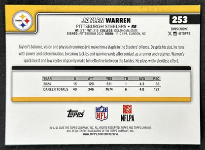 Jaylen Warren 2025 Topps Chrome Sapphire Steelers back