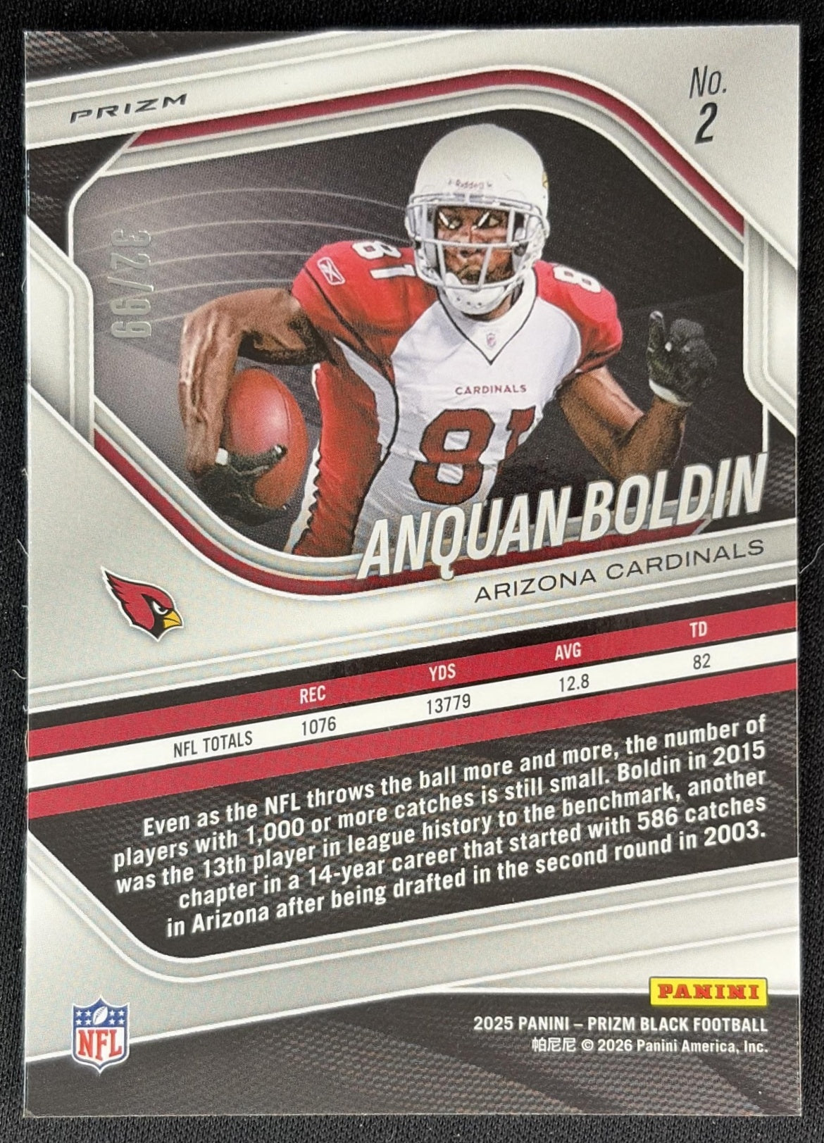 Anquan Boldin 2025 Panini Prizm Black Purple /99 Cardinals back