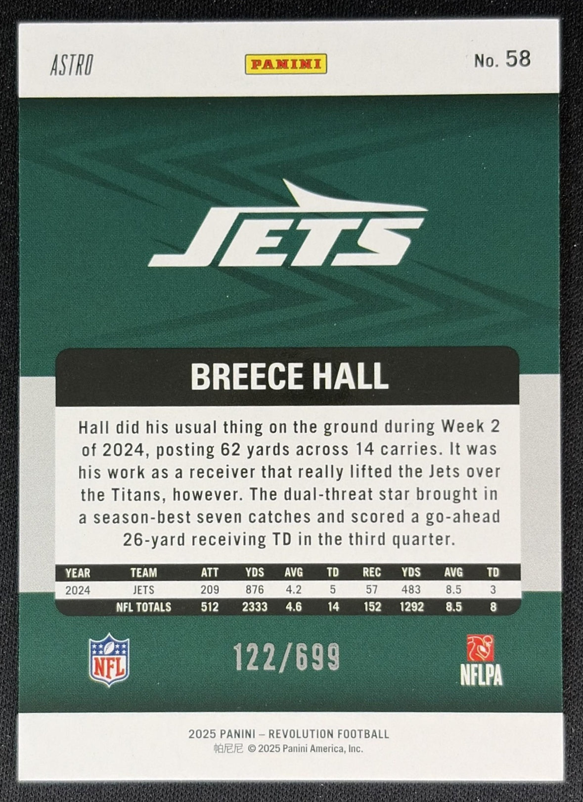 Breece Hall 2025 Panini Revolution Green Astro /699 Jets back