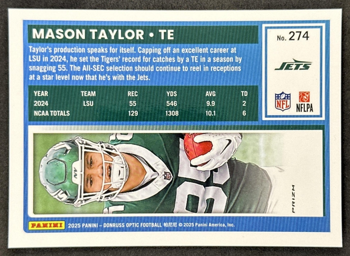 Mason Taylor 2025 Panini Donruss Optic Rated Rookie Purple Scope Prizm Jets back