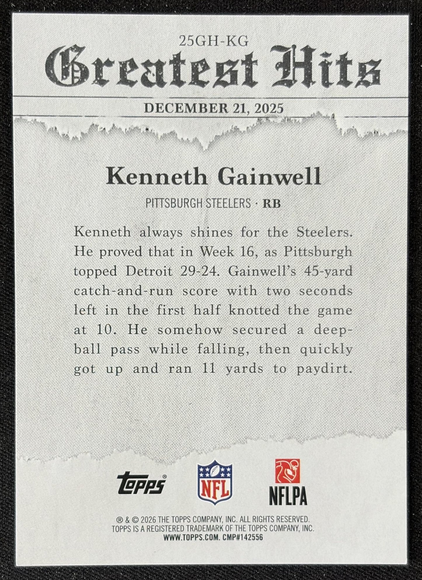 Kenneth Gainwell 2026 Topps 2025 Greatest Hits Steelers back
